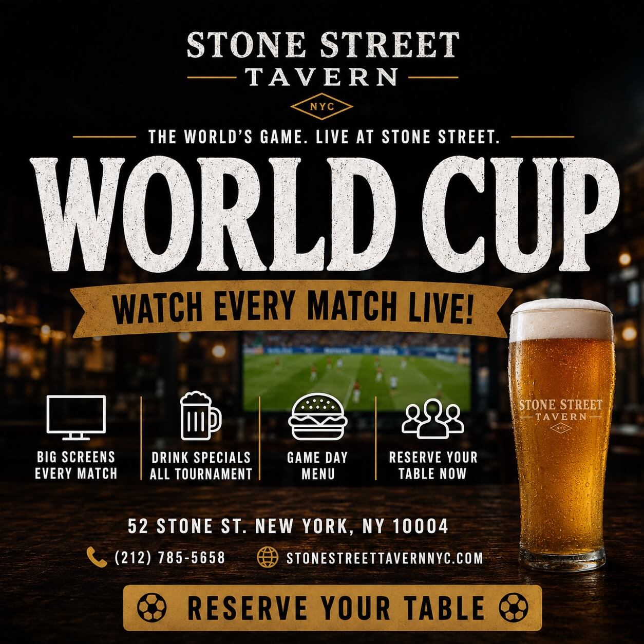 Fans watching a World Cup soccer match live at Stone Street Tavern on historic Stone Street in New York City’s Financial District.
